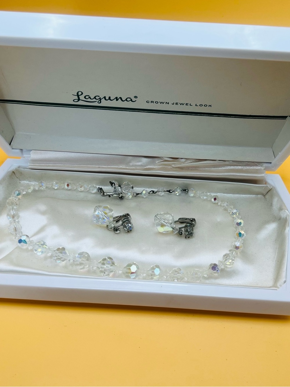 Vintage Crystal Bead Necklace CHOKER and Clip-On Earrings - Iridescent